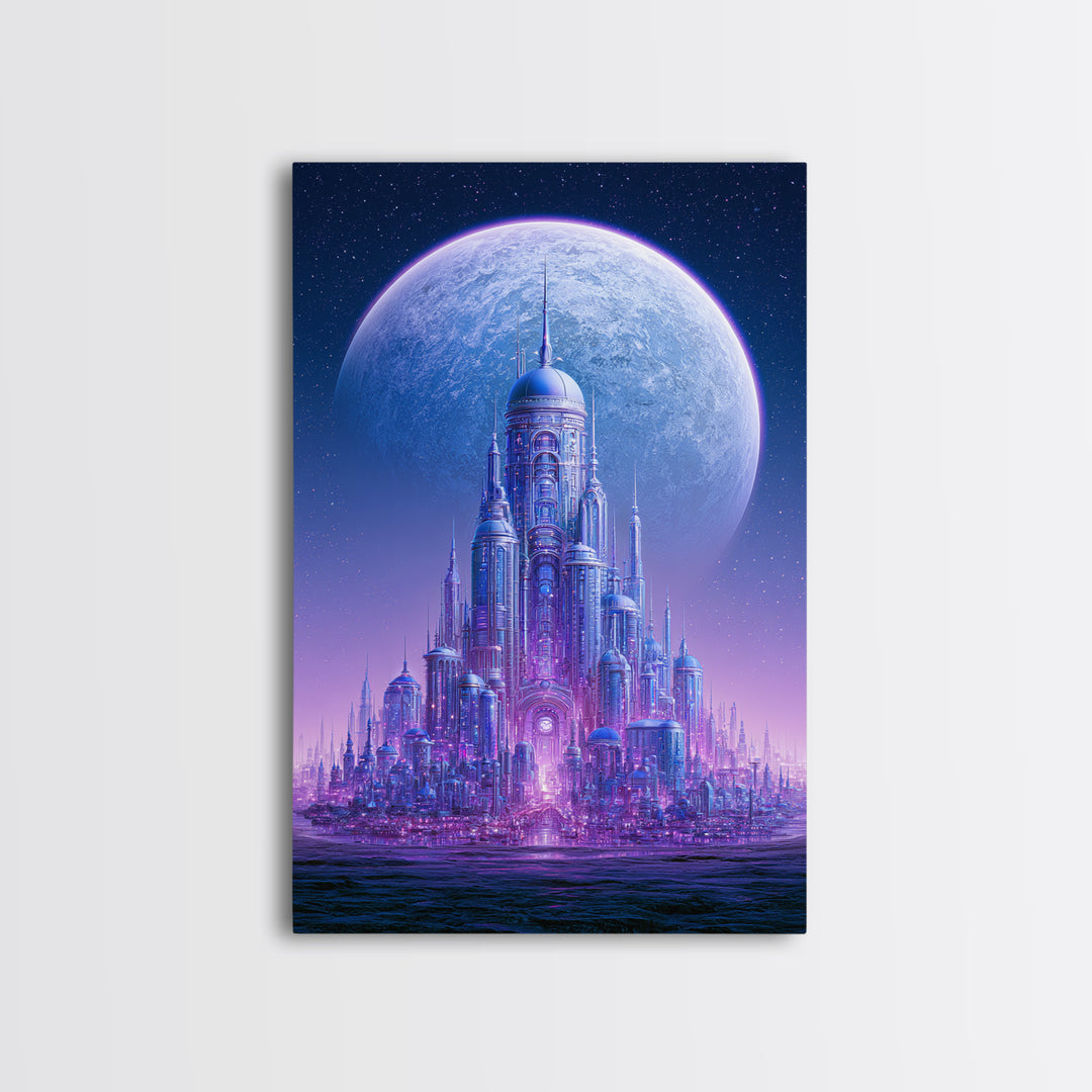 Moon Colony Beneath Earth Rise Framed Canvas Print, Scifi Art, Textured Painting, Living Room Decor, Abstract Art, Orbit, SCI-2x3-2