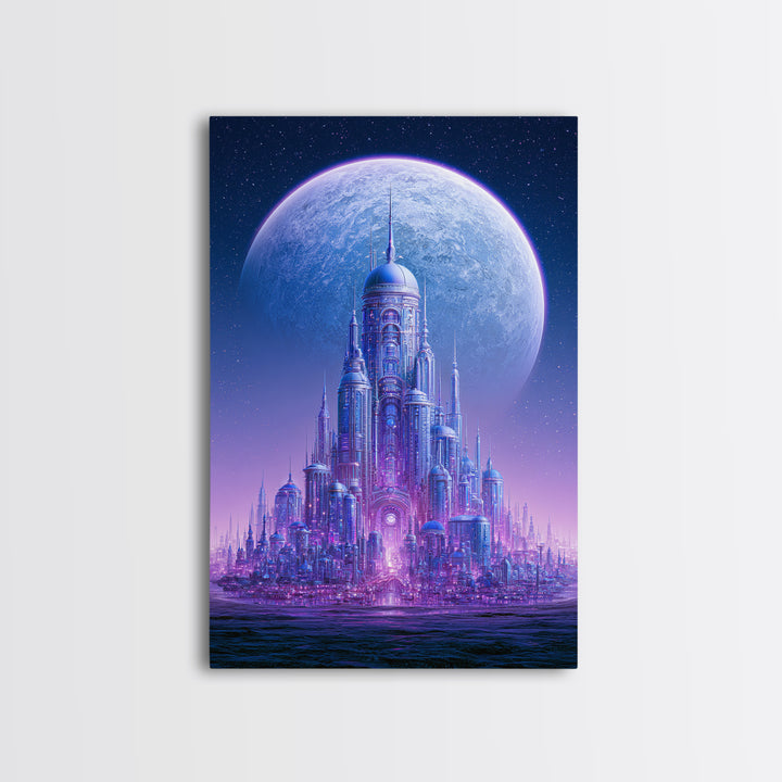 Moon Colony Beneath Earth Rise Framed Canvas Print, Scifi Art, Textured Painting, Living Room Decor, Abstract Art, Orbit, SCI-2x3-2