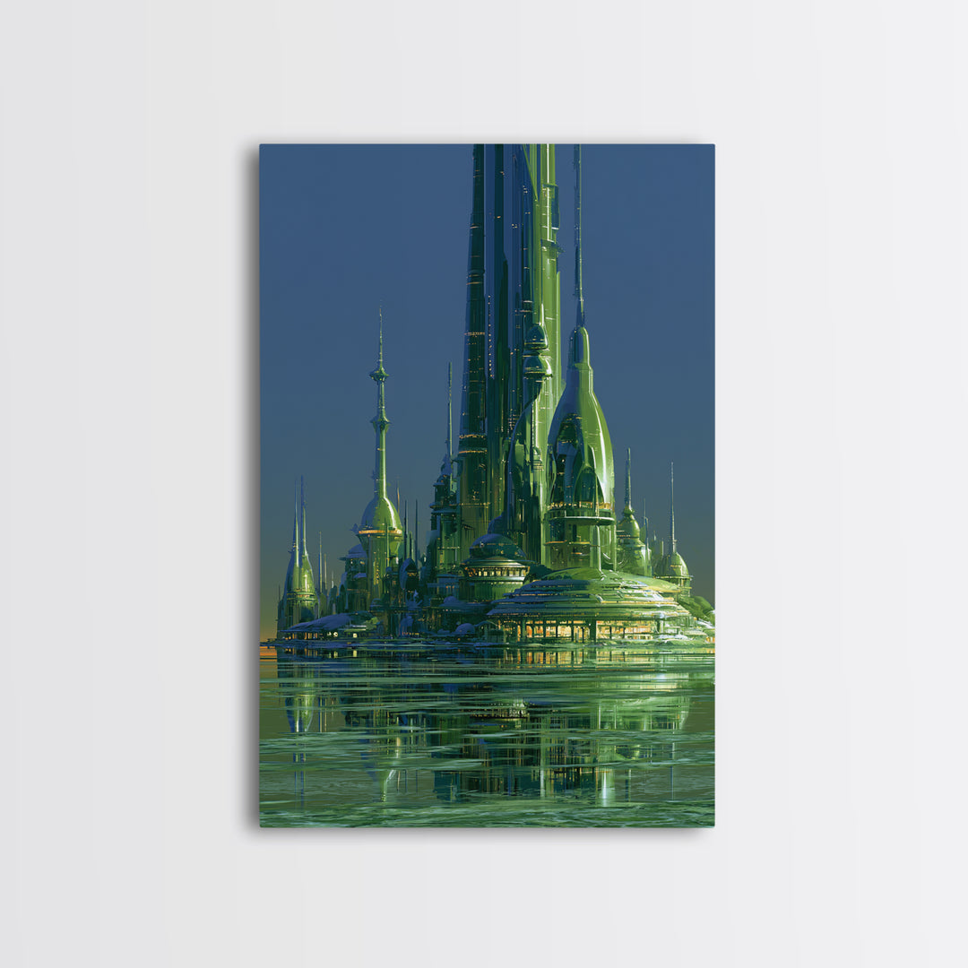 Terraforming Towers on a Silent Planet Framed Canvas Print, Scifi Art, Retro Wall Art, Living Room Decor, Oil Painting, Orbit, SCI-2x3-20