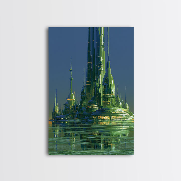 Terraforming Towers on a Silent Planet Framed Canvas Print, Scifi Art, Retro Wall Art, Living Room Decor, Oil Painting, Orbit, SCI-2x3-20