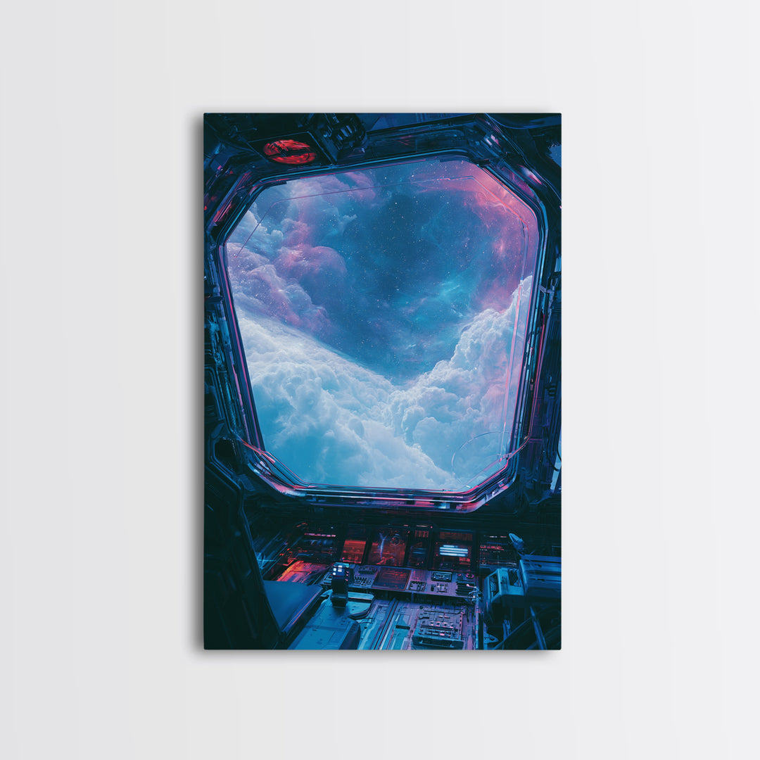 Starship Cockpit View of Nebula Clouds Framed Canvas Print, Scifi Art, Abstract Art, Living Room Decor, Fine Art, Orbit, SCI-2x3-43