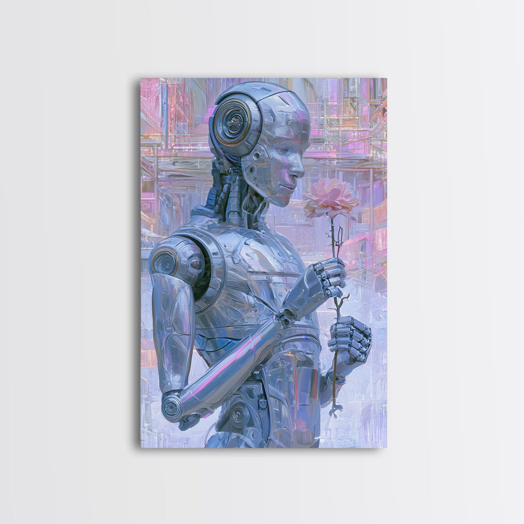 Silver Android Holding a Flower Framed Canvas Print, Scifi Art, Poster, Living Room Decor, Fine Art, Orbit, Retro Wall Art, SCI-2x3-46