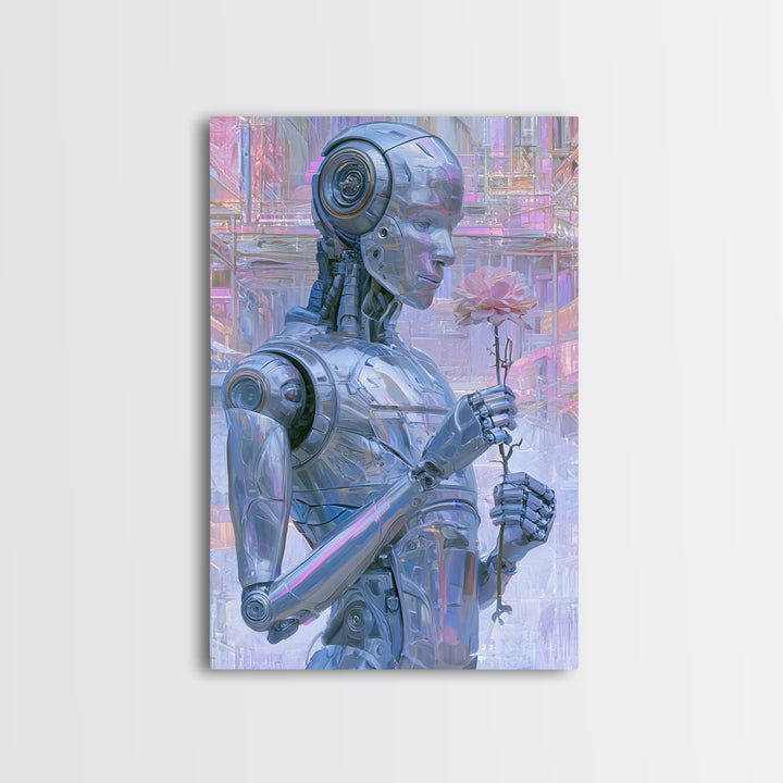 Silver Android Holding a Flower Framed Canvas Print, Scifi Art, Poster, Living Room Decor, Fine Art, Orbit, Retro Wall Art, SCI-2x3-46