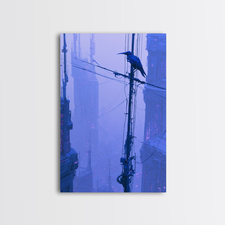 Robot Bird Perched on Antenna Framed Canvas Print, Scifi Art, Digital Art, Living Room Decor, Fine Art, Orbit, Steampunk Decor, SCI-2x3-55