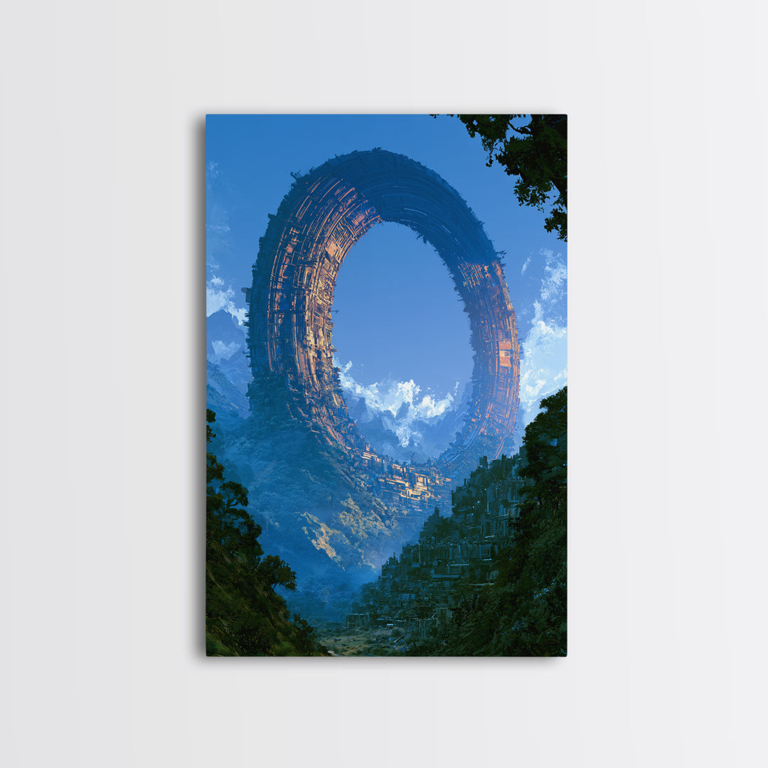 Giant Ring World Seen from a Valley Framed Canvas Print, Scifi Art, Wall Decor, Living Room Decor, Orbit, Living Room Art, SCI-2x3-64