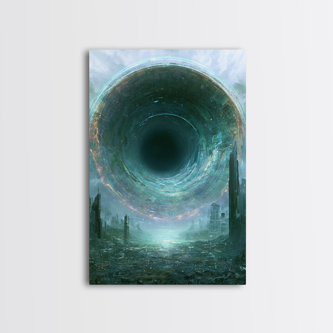 Wormhole Opening over Barren Landscape Framed Canvas Print, Scifi Art, Mid Century Art, Living Room Decor, Fine Art, Orbit, SCI-2x3-73