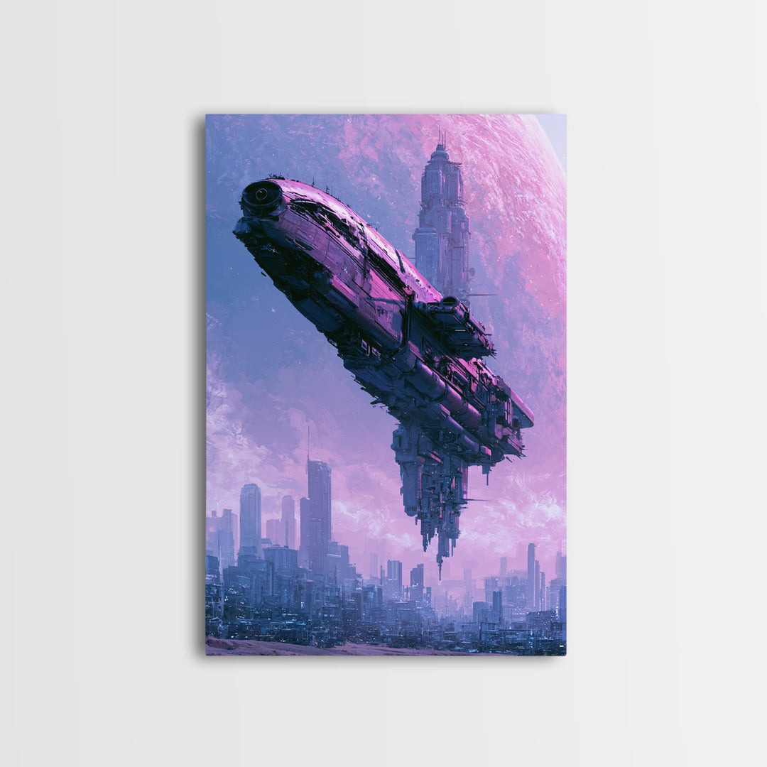 Distant Spaceship Above Alien Desert Planet Canvas Print, Scifi Art, Canvas Wall Art, Living Room Decor, Fine Art, Orbit, SCI-2x3-9
