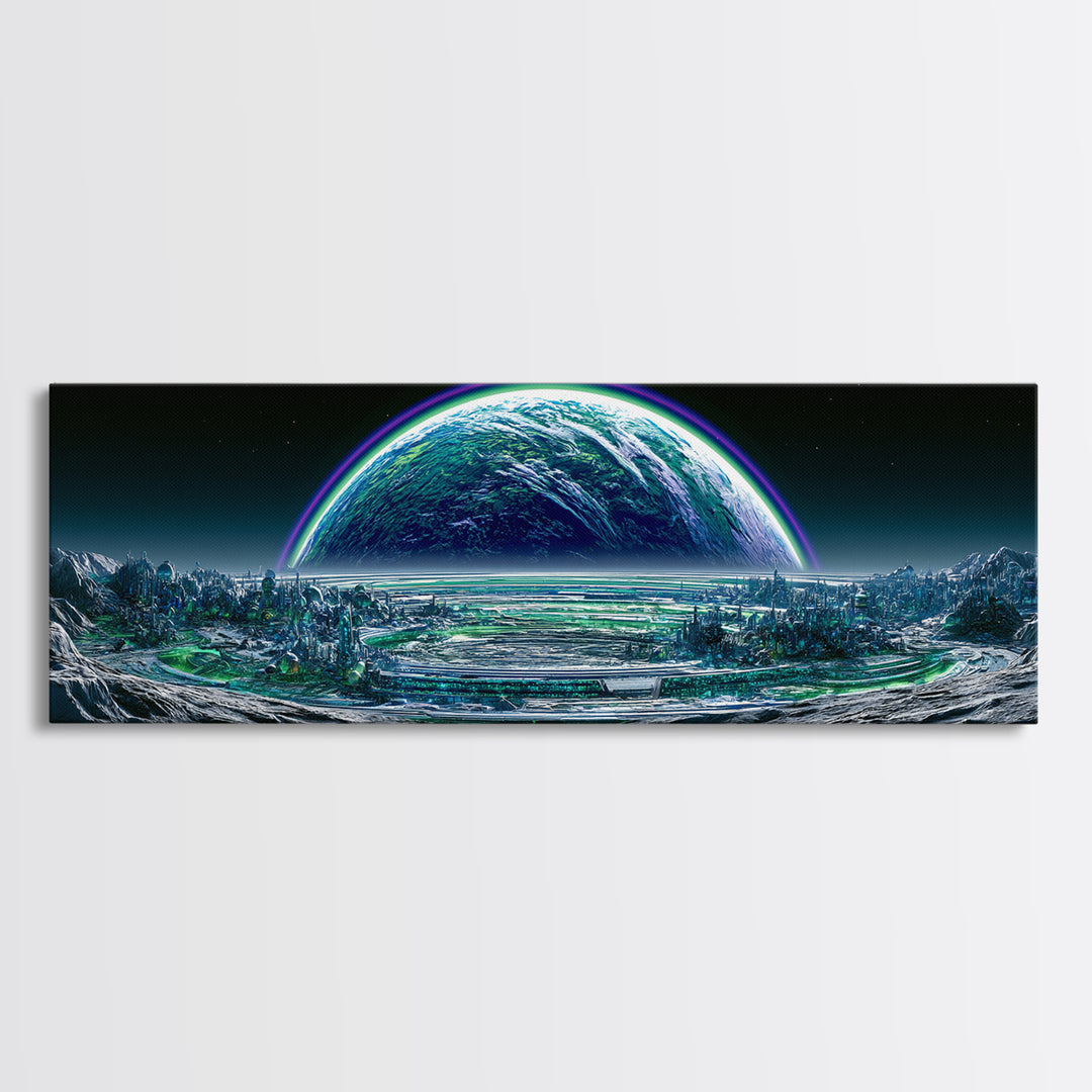 Moon Colony Beneath Earth Rise Framed Canvas Print, Scifi Art, Posters, Living Room Decor, Orbit, Pop Art, Mid Century Art, SCI-3x1-10