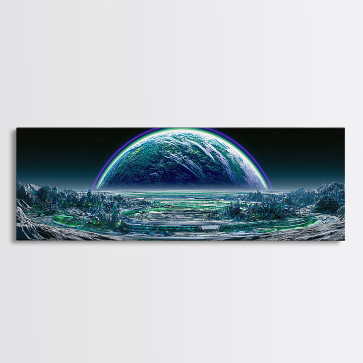 Moon Colony Beneath Earth Rise Framed Canvas Print, Scifi Art, Posters, Living Room Decor, Orbit, Pop Art, Mid Century Art, SCI-3x1-10