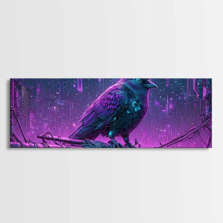 Robot Bird Perched on Antenna Framed Canvas Print, Scifi Art, Gallery Decor, Living Room Decor, Fine Art, Orbit, Wall Art, SCI-3x1-15