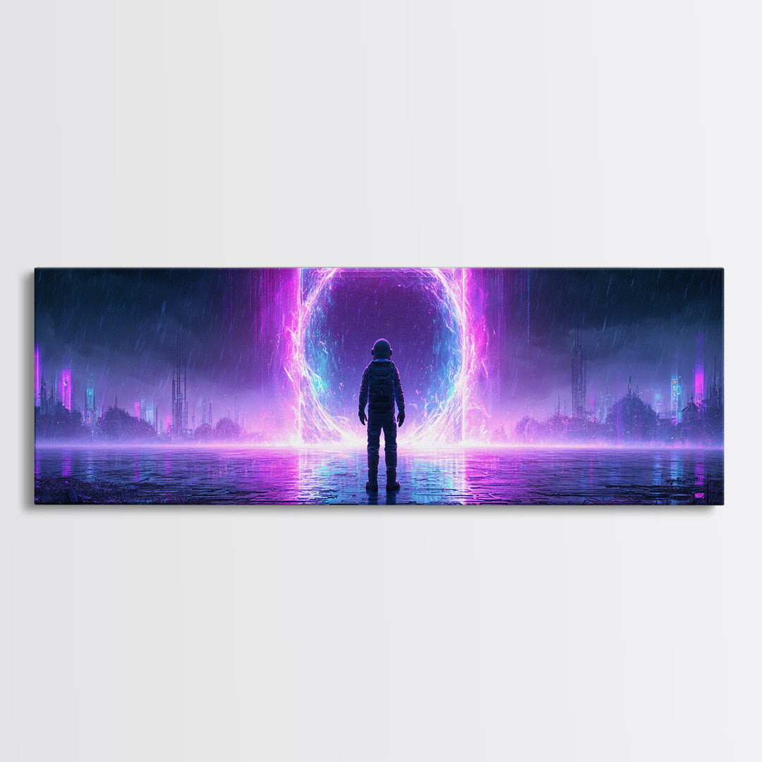 Astronaut Standing Before a Glowing Monolith Framed Canvas Print, Scifi Art, Canvas Print, Living Room Decor, Fine Art, Orbit, SCI-3x1-18