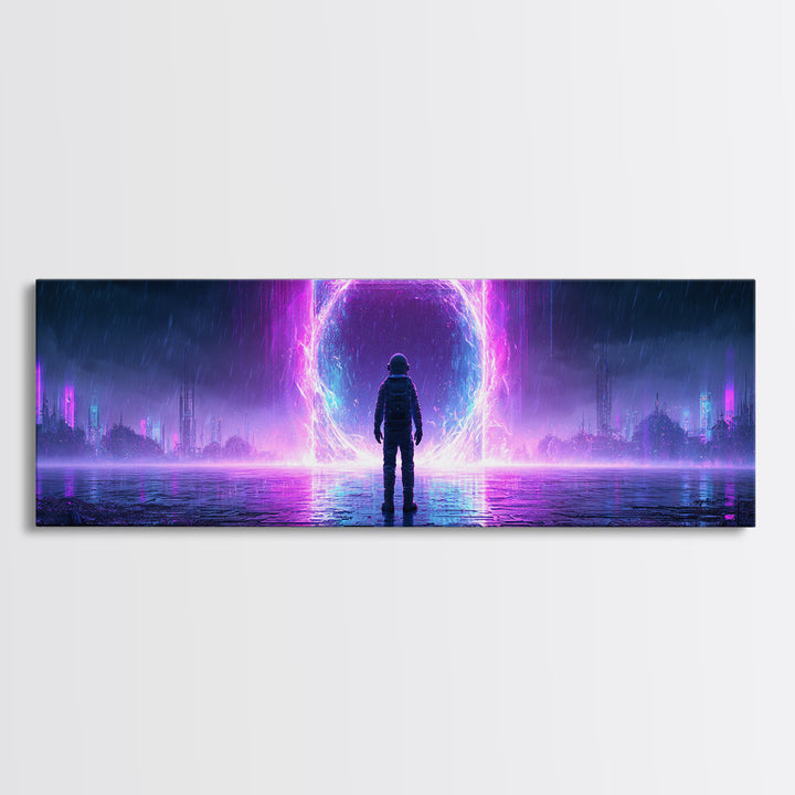 Astronaut Standing Before a Glowing Monolith Framed Canvas Print, Scifi Art, Canvas Print, Living Room Decor, Fine Art, Orbit, SCI-3x1-18