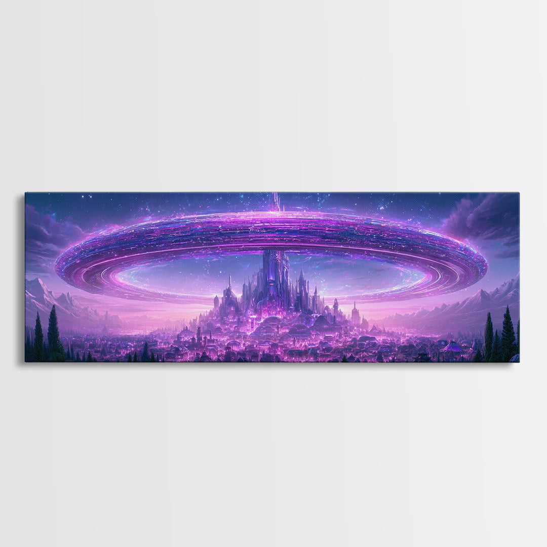 Giant Ring World Seen from a Valley Canvas Print, Scifi Art, Game Room Decor, Living Room Decor, Fine Art, Orbit, SCI-3x1-24