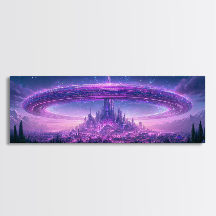 Giant Ring World Seen from a Valley Canvas Print, Scifi Art, Game Room Decor, Living Room Decor, Fine Art, Orbit, SCI-3x1-24