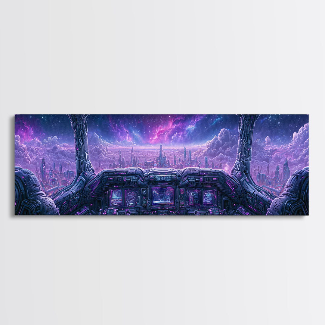 Starship Cockpit View of Nebula Clouds Framed Canvas Print, Scifi Art, Room Decor, Living Room Decor, Fine Art, Orbit, SCI-3x1-27