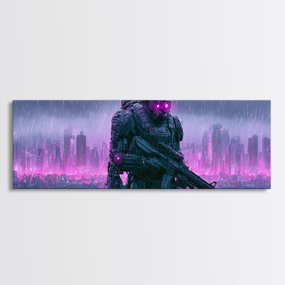 Mech Silhouette in Rainy Neon City Canvas Print, Scifi Art, Textured Painting, Living Room Decor, Abstract Art, Orbit, SCI-3x1-31