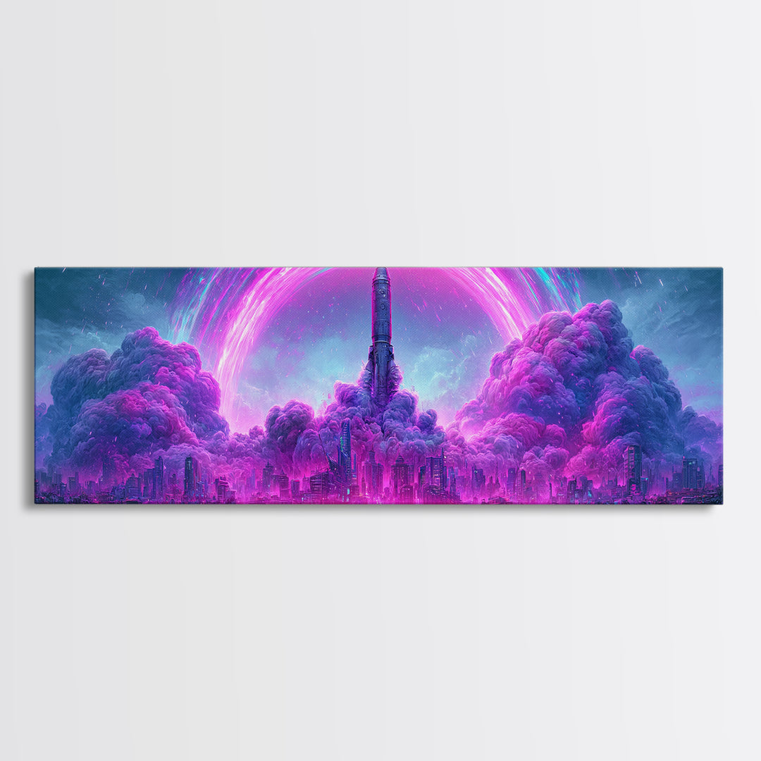 Retro Rocket Launching Through Cloud Rings Framed Canvas Print, Scifi Art, Decor, Living Room Decor, Oil Painting, Orbit, SCI-3x1-47