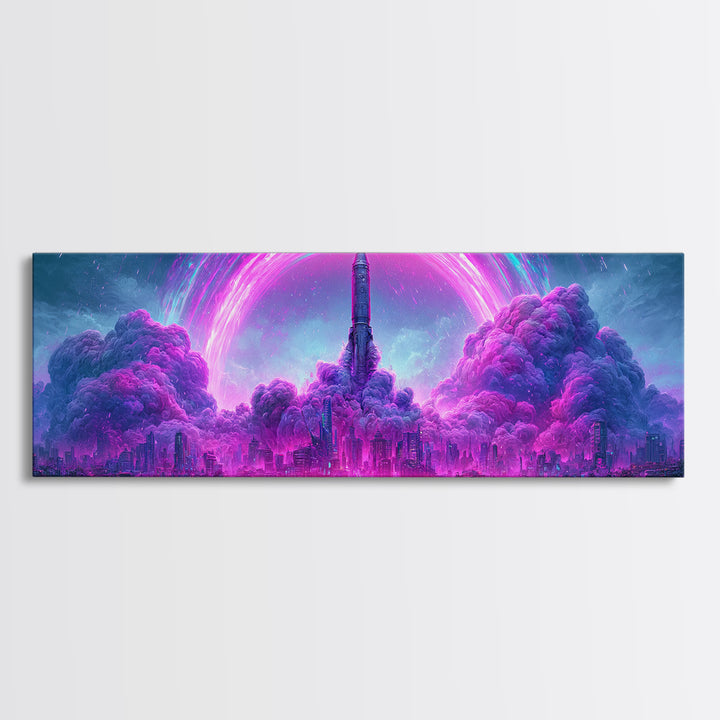 Retro Rocket Launching Through Cloud Rings Framed Canvas Print, Scifi Art, Decor, Living Room Decor, Oil Painting, Orbit, SCI-3x1-47
