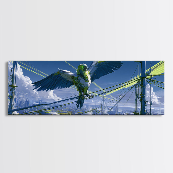 Robot Bird Perched on Antenna Framed Canvas Print, Scifi Art, Minimalist Decor, Living Room Decor, Fine Art, Orbit, Ai Art, SCI-3x1-63