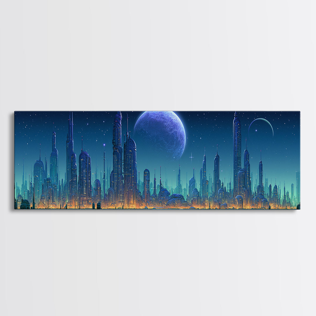 Futuristic City on a Moonlit World Framed Canvas Print, Scifi Art, Ai Art, Living Room Decor, Abstract Art, Orbit, SCI-3x1-67