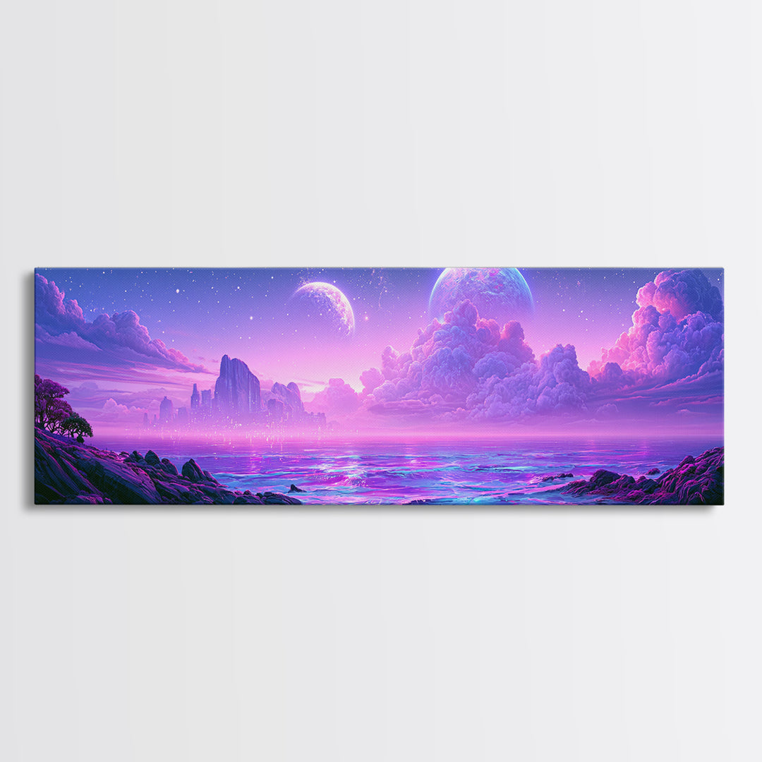 Alien Ocean with Two Moons Framed Canvas Print, Scifi Art, Fantasy Art, Living Room Decor, Oil Painting, Orbit, SCI-3x1-77