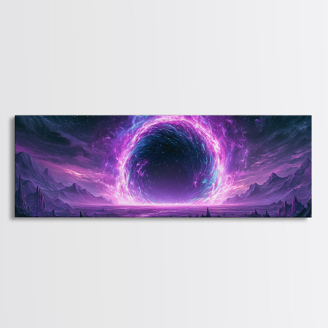 Wormhole Opening over Barren Landscape Framed Canvas Print, Scifi Art, Game Room Decor, Living Room Decor, Fine Art, Orbit, SCI-3x1-81