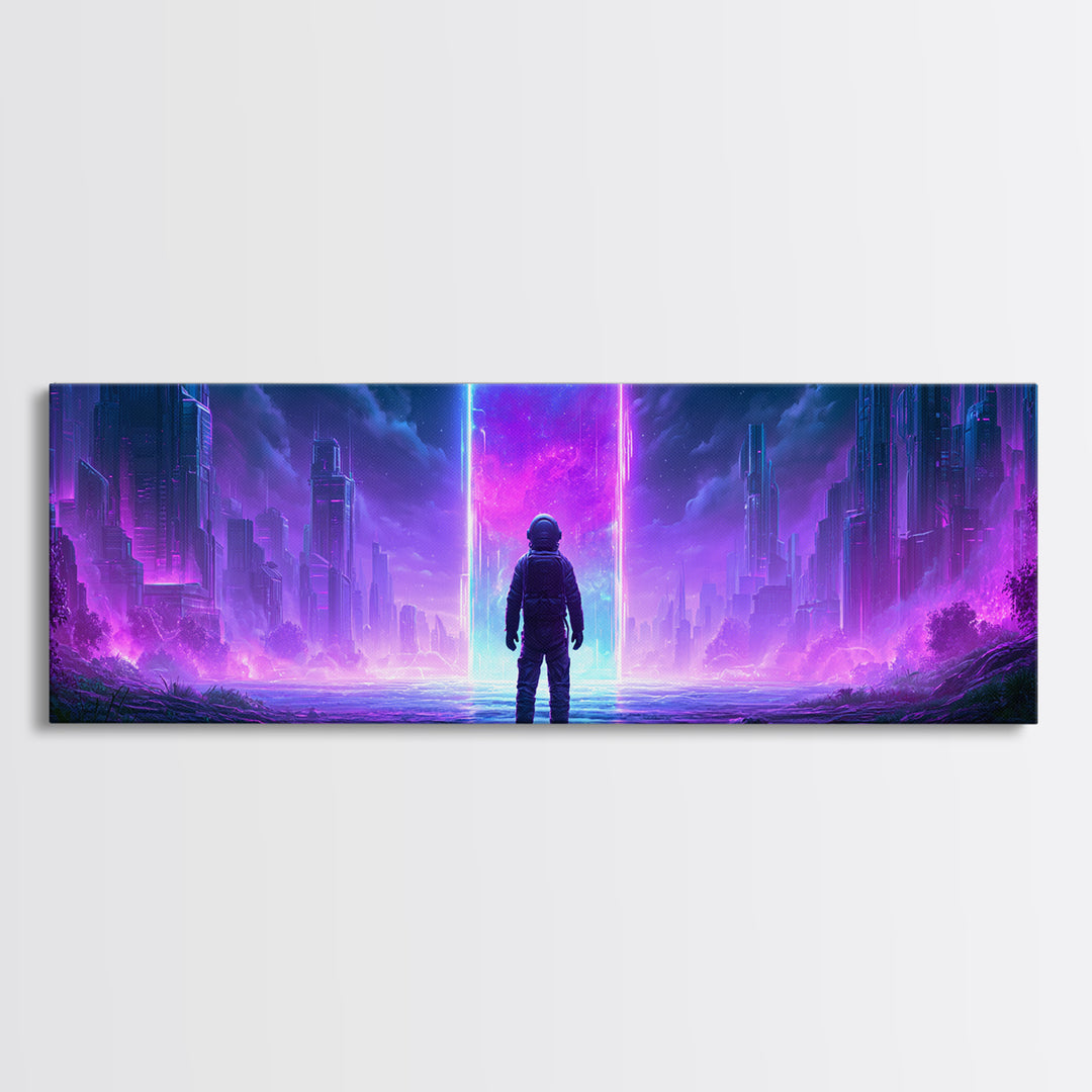 Astronaut Standing Before a Glowing Monolith Framed Canvas Print, Scifi Art, Space Art, Living Room Decor, Fine Art, Orbit, SCI-3x1-90