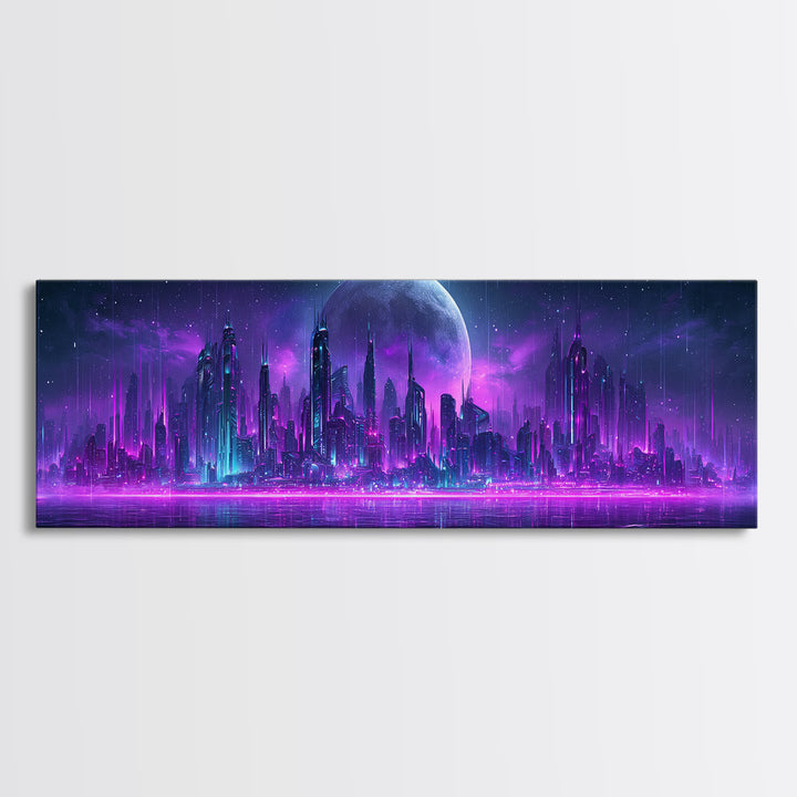 Futuristic City on a Moonlit World Canvas Print, Scifi Art, Posters, Living Room Decor, Orbit, Pop Art, Mid Century Art, SCI-3x1-91
