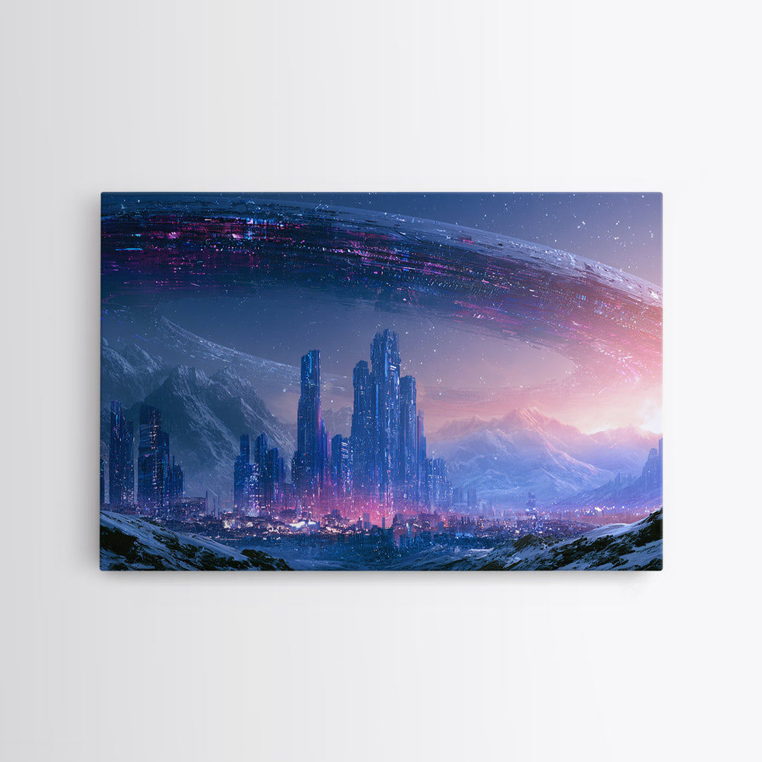 Giant Ring World Seen from a Valley Canvas Print, Scifi Art, Contemporary Art, Living Room Decor, Oil Painting, Orbit, SCI-3x2-12