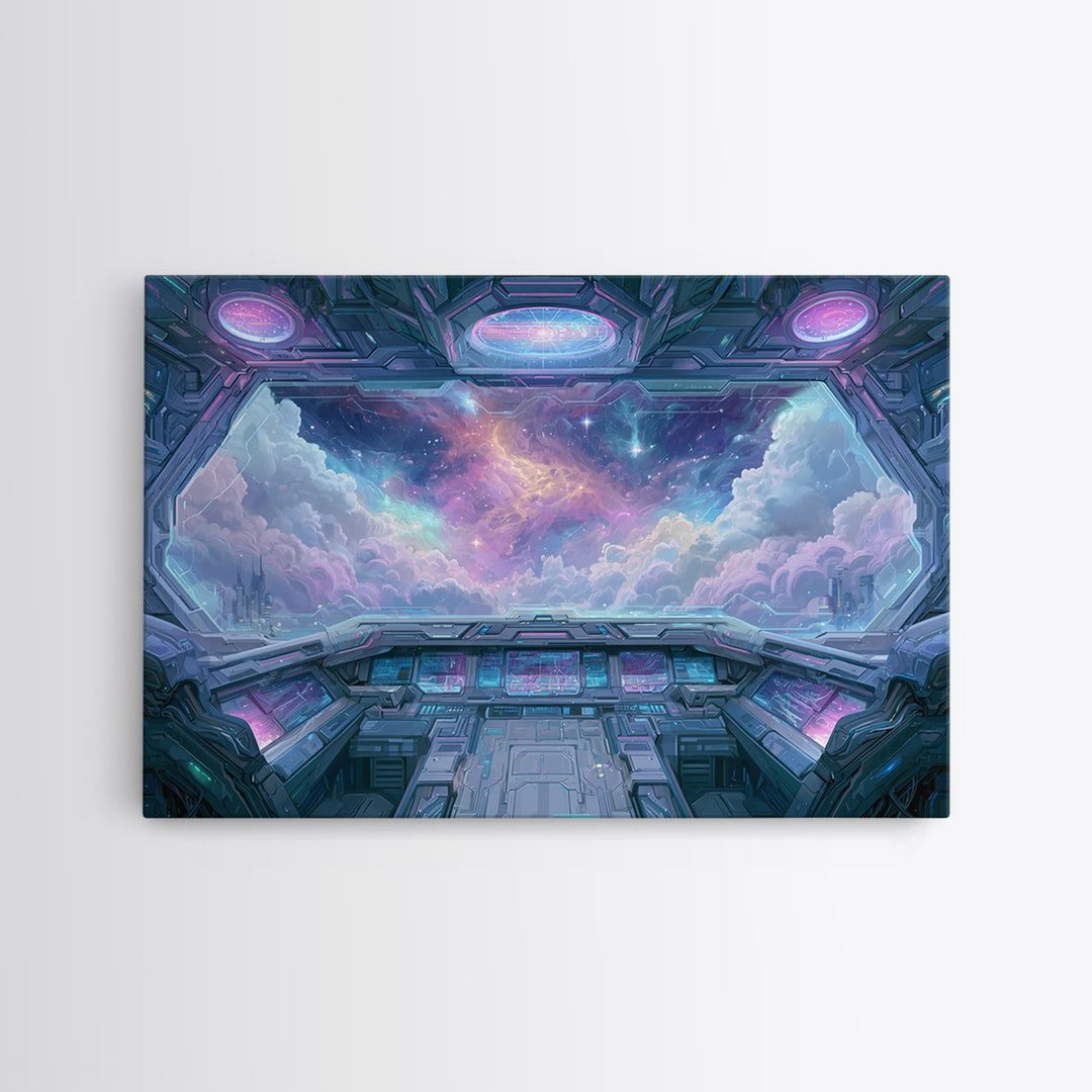 Starship Cockpit View of Nebula Clouds Framed Canvas Print, Scifi Art, Mid Century Art, Living Room Decor, Fine Art, Orbit, SCI-3x2-15
