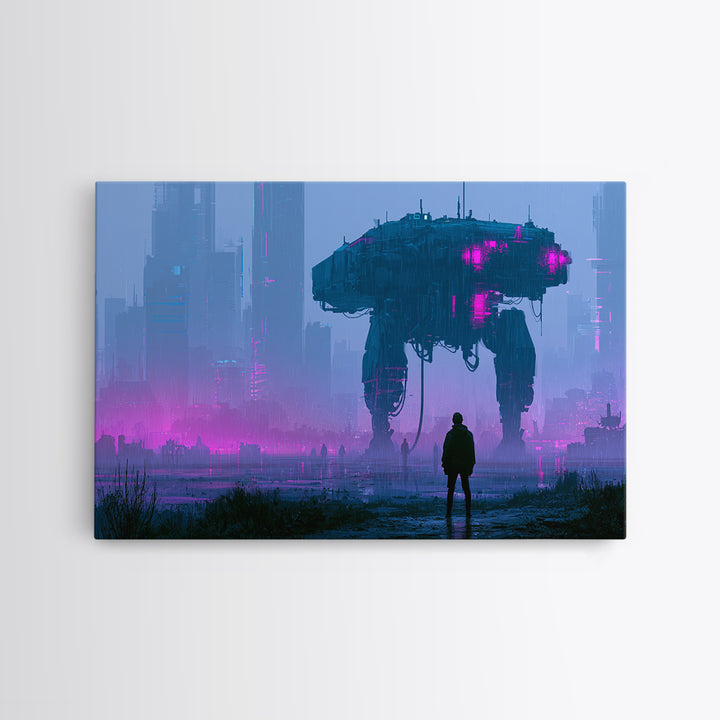 Mech Silhouette in Rainy Neon City Framed Canvas Print, Scifi Art, Statement Artwork, Living Room Decor, Fine Art, Orbit, SCI-3x2-19