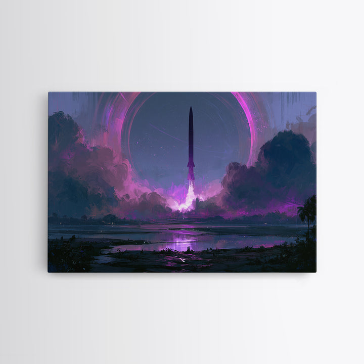 Retro Rocket Launching Through Cloud Rings Framed Canvas Print, Scifi Art, Art Print, Living Room Decor, Fine Art, Orbit, SCI-3x2-35