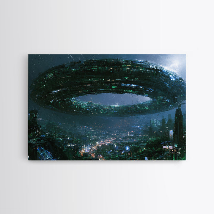 Giant Ring World Seen from a Valley Framed Canvas Print, Scifi Art, Game Room Decor, Living Room Decor, Fine Art, Orbit, SCI-3x2-36