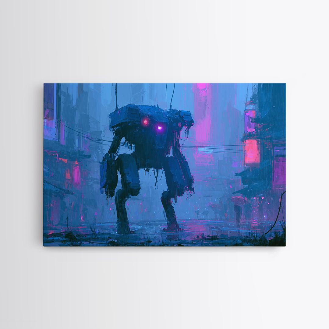 Mech Silhouette in Rainy Neon City Canvas Print, Scifi Art, Textured Painting, Living Room Decor, Abstract Art, Orbit, SCI-3x2-43