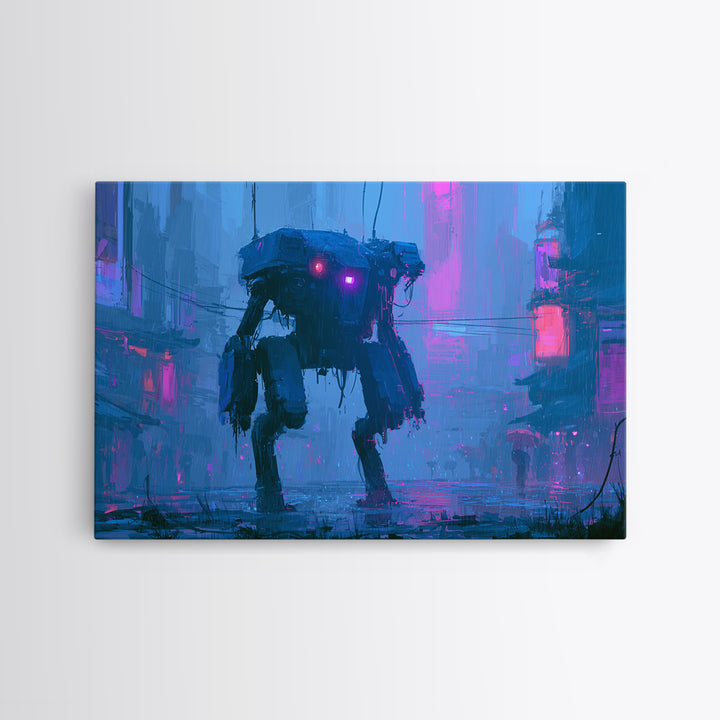 Mech Silhouette in Rainy Neon City Canvas Print, Scifi Art, Textured Painting, Living Room Decor, Abstract Art, Orbit, SCI-3x2-43