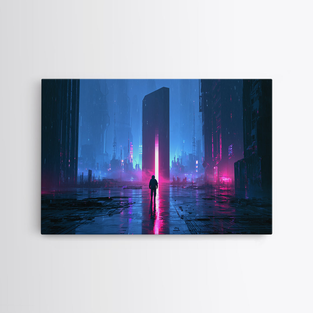Astronaut Standing Before a Glowing Monolith Canvas Print, Scifi Art, Contemporary Art, Living Room Decor, Fine Art, Orbit, SCI-3x2-54