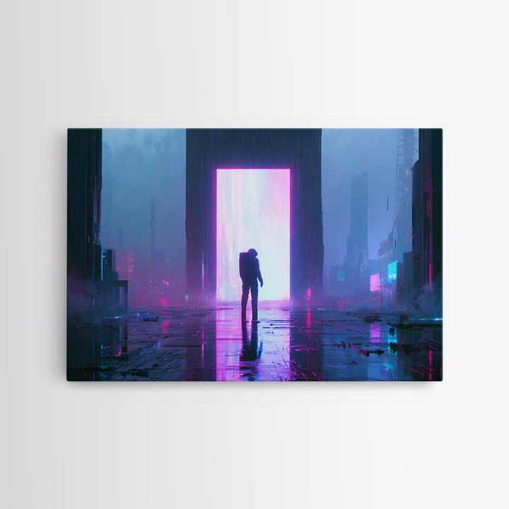 Astronaut Standing Before a Glowing Monolith Framed Canvas Print, Scifi Art, Modern Art, Living Room Decor, Fine Art, Orbit, SCI-3x2-6