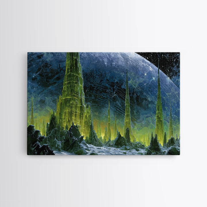 Terraforming Towers on a Silent Planet Framed Canvas Print, Scifi Art, Living Room Decor, Abstract Art, Orbit, SCI-3x2-64