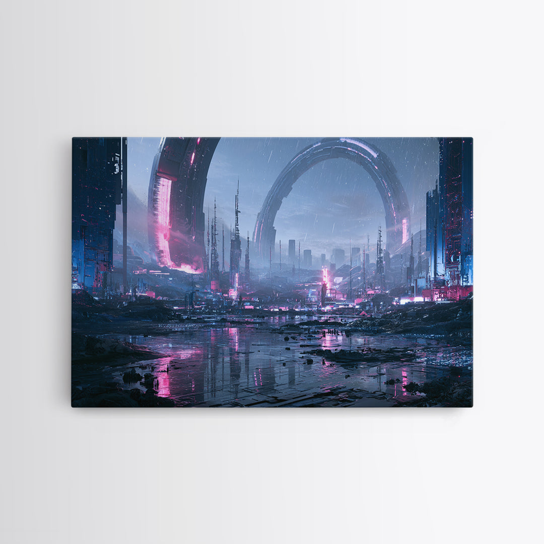 Giant Ring World Seen from a Valley Canvas Print, Scifi Art, Poster, Living Room Decor, Fine Art, Orbit, Retro Wall Art, SCI-3x2-84