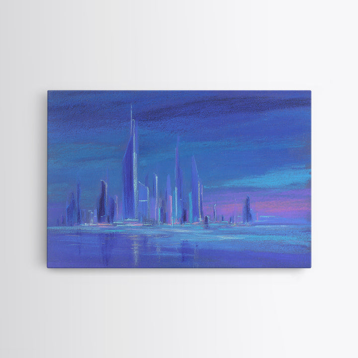 Mech Silhouette in Rainy Neon City Framed Canvas Print, Scifi Art, Retro Wall Art, Living Room Decor, Oil Painting, Orbit, SCI-3x2-91