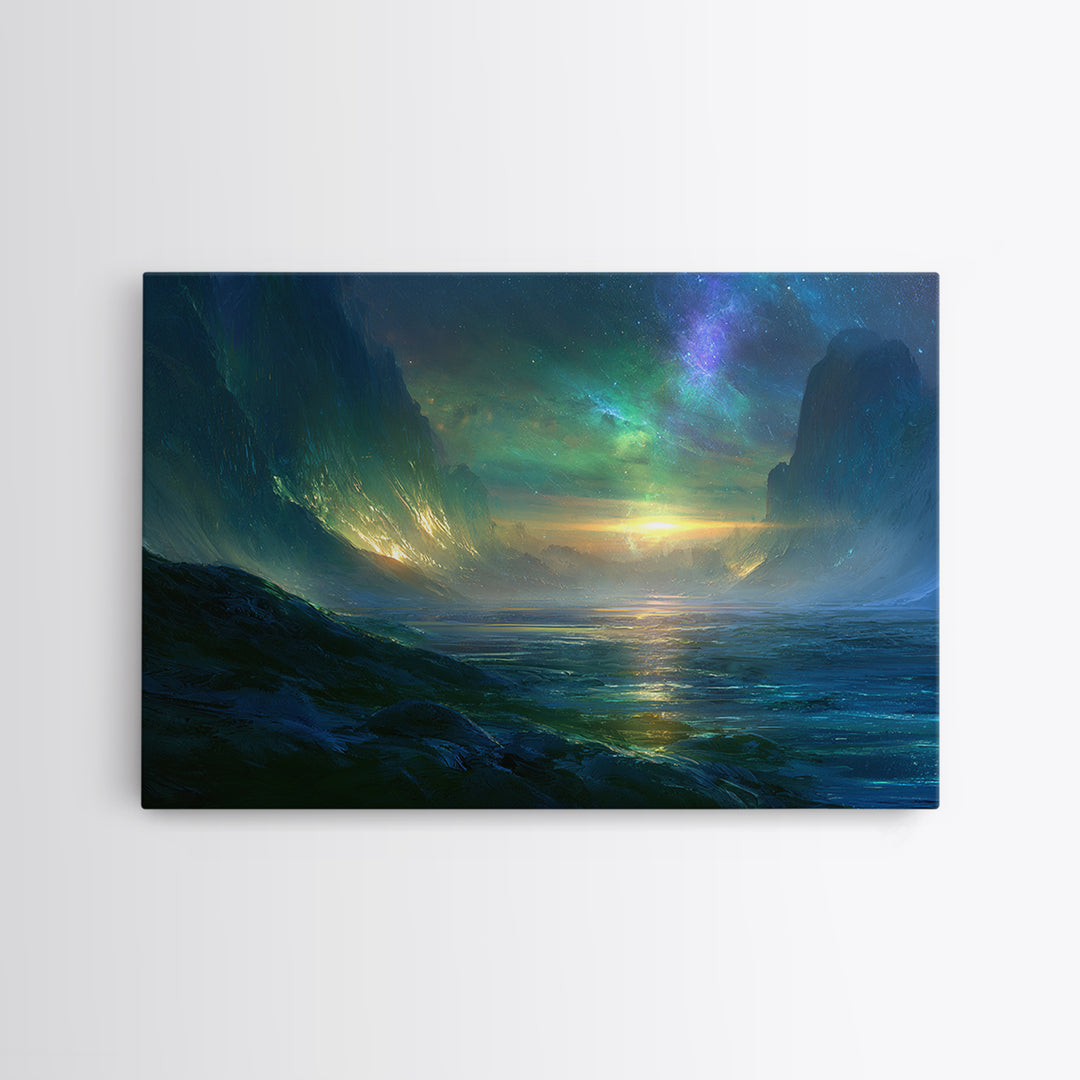Planetary Sunrise over Ice Cliffs Canvas Print, Scifi Art, Fantasy Art, Living Room Decor, Fine Art, Orbit, Textured Painting, SCI-3x2-98