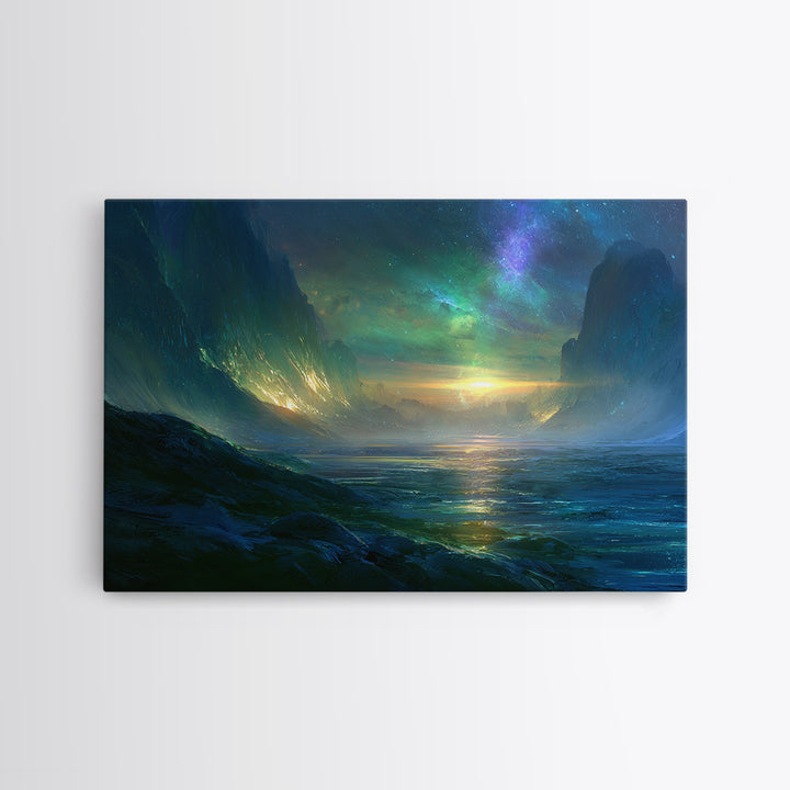 Planetary Sunrise over Ice Cliffs Canvas Print, Scifi Art, Fantasy Art, Living Room Decor, Fine Art, Orbit, Textured Painting, SCI-3x2-98