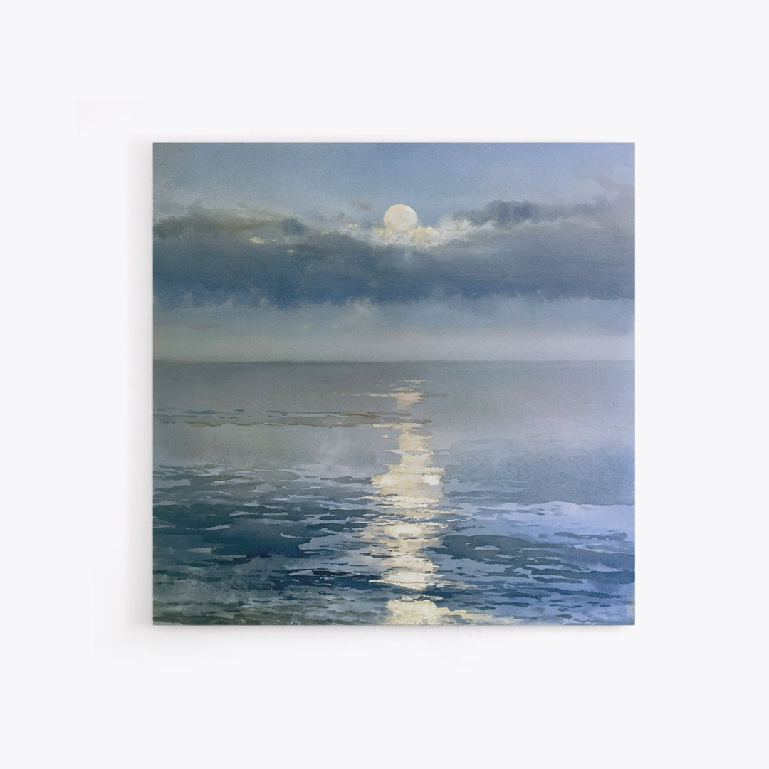 Moonlit Ocean with Silver Path of Light Framed Canvas Print, Seascape Art, Abstract Painting, Coastal Decor, Fine Art, Seascape, SEA-1x1-51