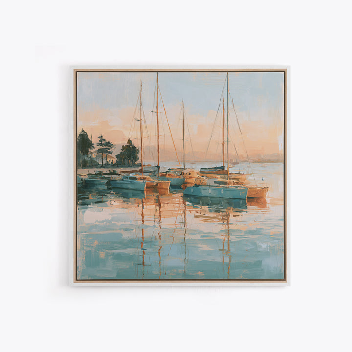 Mediterranean Harbor at Dawn Framed Canvas Print, Seascape Art, Living Room Wall Art, Coastal Decor, Fine Art, Seascape, SEA-1x1-70