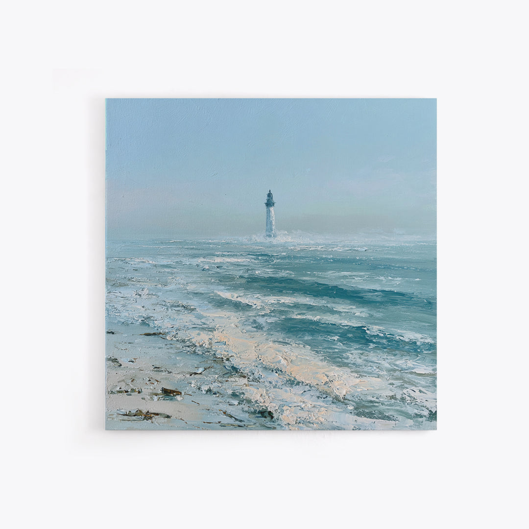Dramatic Lighthouse in Distant Spray Framed Canvas Print, Seascape Art, Gallery Decor, Coastal Decor, Fine Art, Seascape, SEA-1x1-78