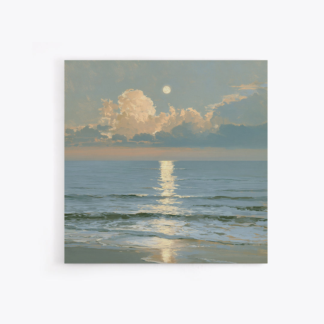 Moonlit Ocean with Silver Path of Light Canvas Print, Seascape Art, Wall Art, Coastal Decor, Oil Painting, Seascape, SEA-1x1-99