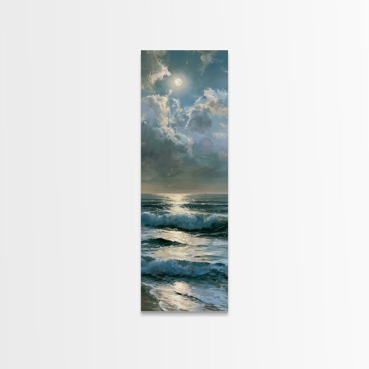 Moonlit Ocean with Silver Path of Light Framed Canvas Print, Seascape Art, Home Decor, Coastal Decor, Fine Art, Seascape, SEA-1x3-15