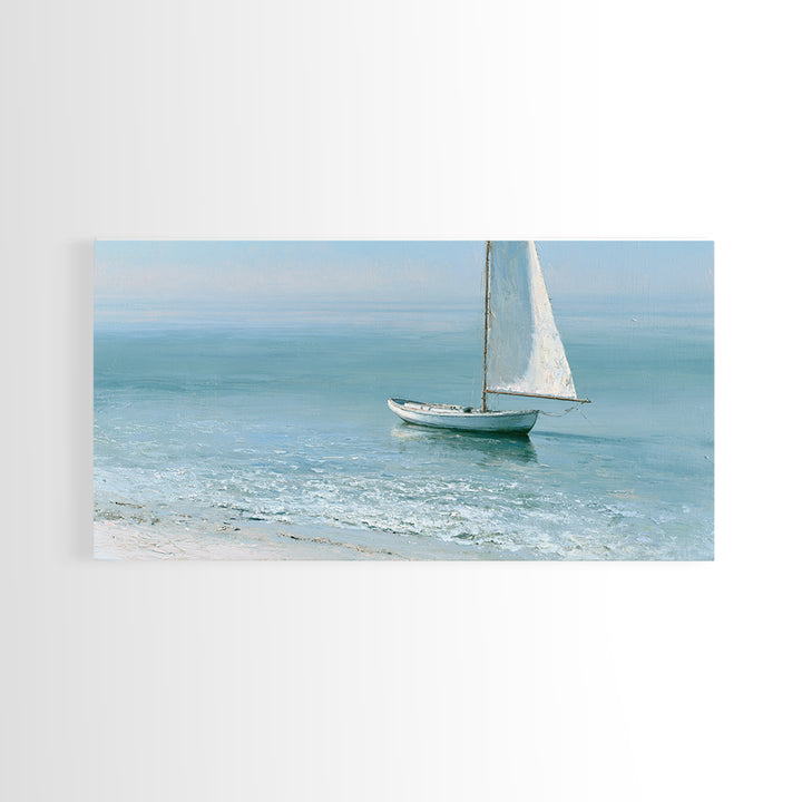 Quiet Sailboat on Glassy Water Framed Canvas Print, Seascape Art, Watercolor Painting, Coastal Decor, Fine Art, Seascape, SEA-2x1-100