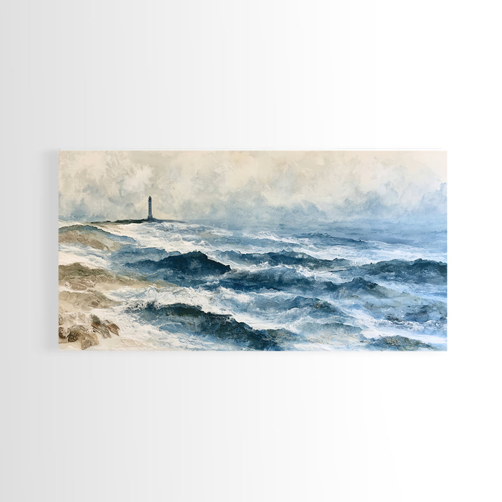 Dramatic Lighthouse in Distant Spray Canvas Print, Seascape Art, Boho Decor, Coastal Decor, Abstract Art, Seascape, SEA-2x1-26