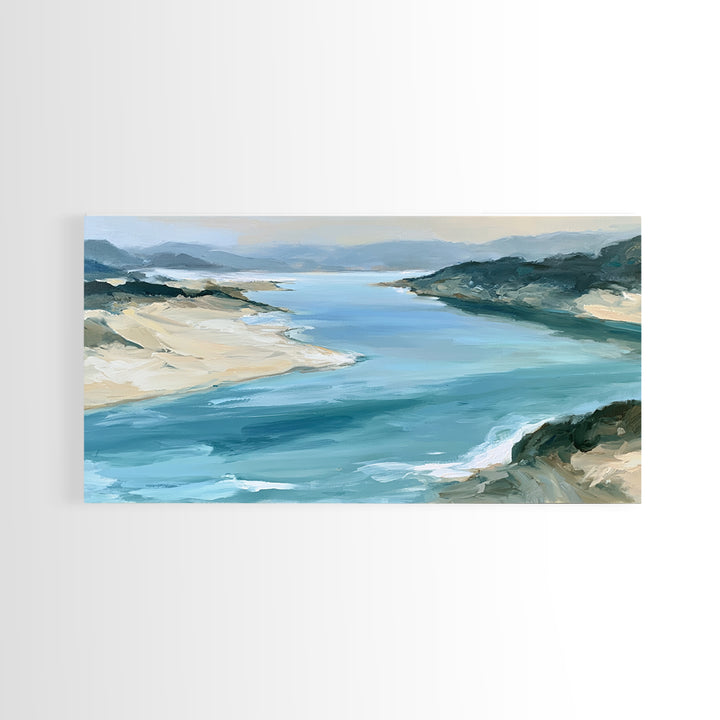 Coastal Cove with Turquoise Water Framed Canvas Print, Seascape Art, Wall Art Print, Coastal Decor, Watercolor Art, Seascape, SEA-2x1-59